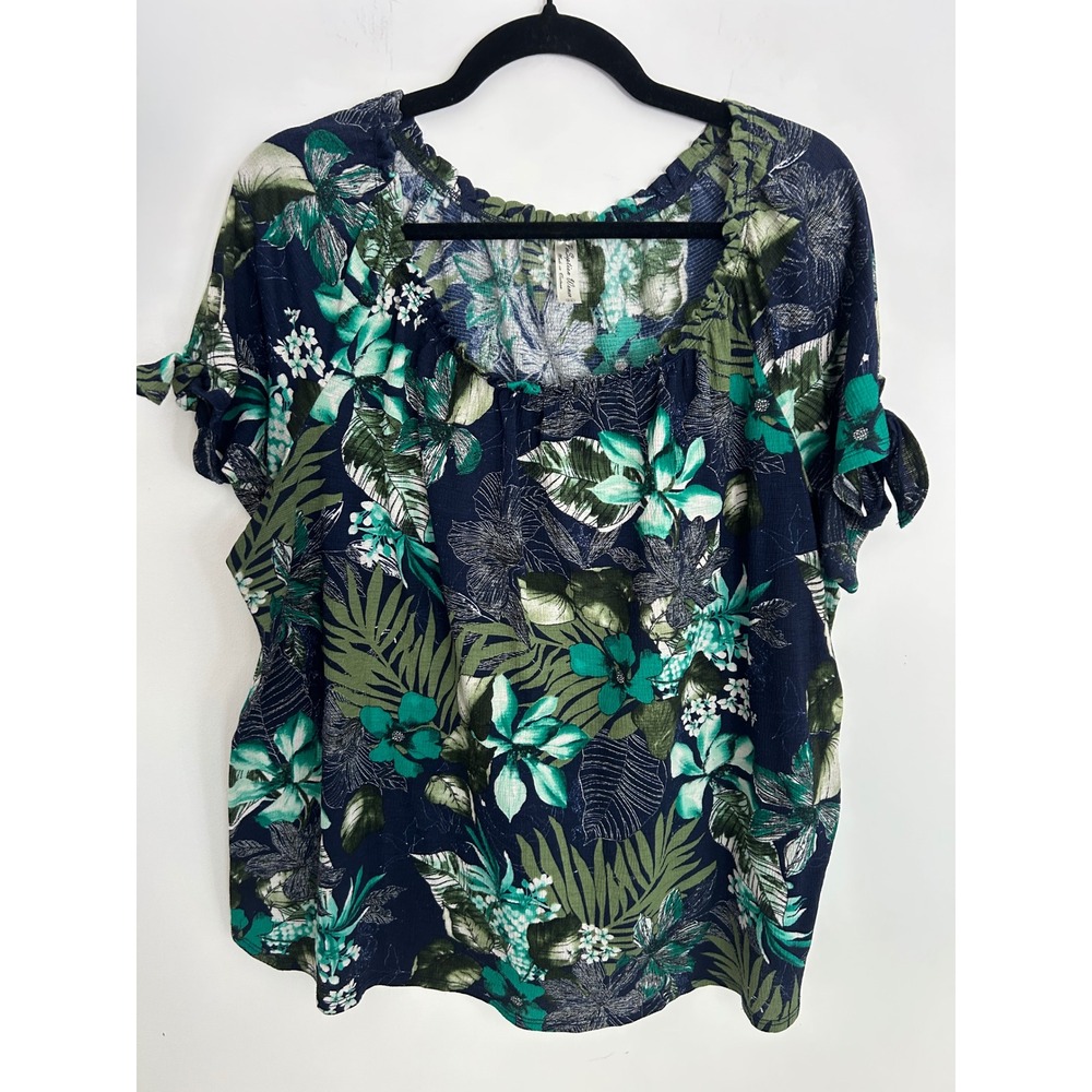 Perception Women 2X Navy Green Tropical Floral Short Sleeve Tie Blouse 212680